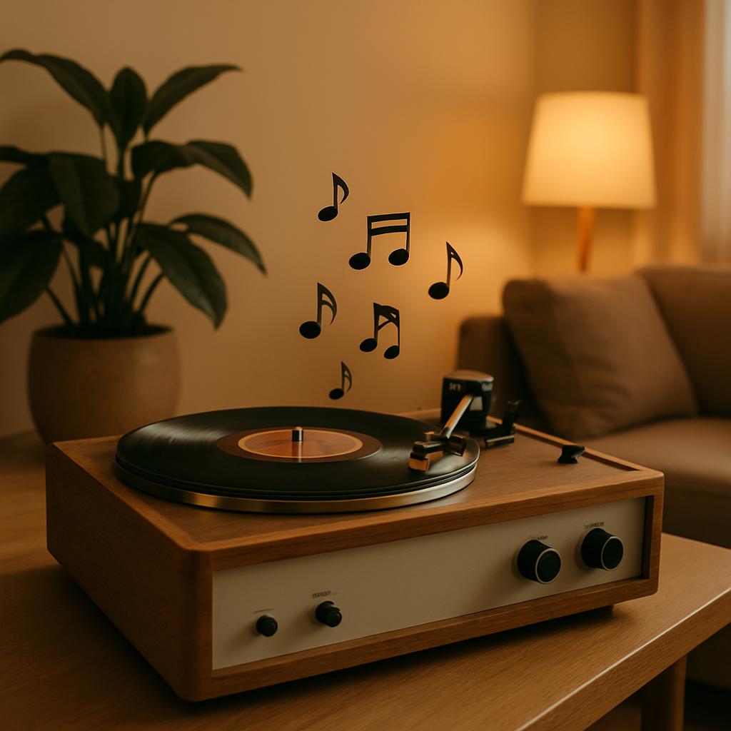 A vinyl record player with floating music notes in a living room.