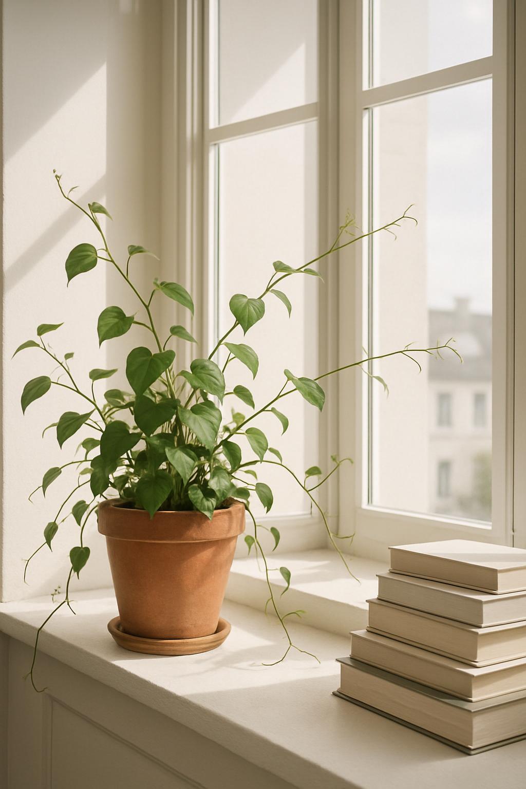 A potted plant in a terracotta pot sits on a windowsill, accompanied by a stack of books. The plant, with heart-shaped lea...