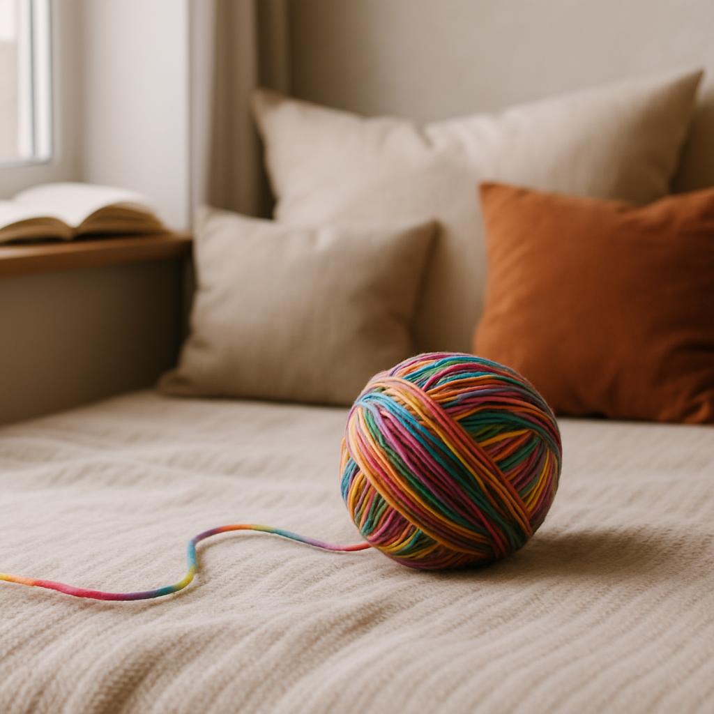 Photograph of ball of yarn on cream coloured bed, with off-white and burnt orange accent pillows, and an open book on beds...