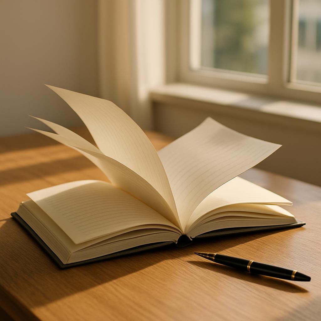 A green journal is open on a light brown wooden table. A black fountain pen with a gold design sits next to the open book....