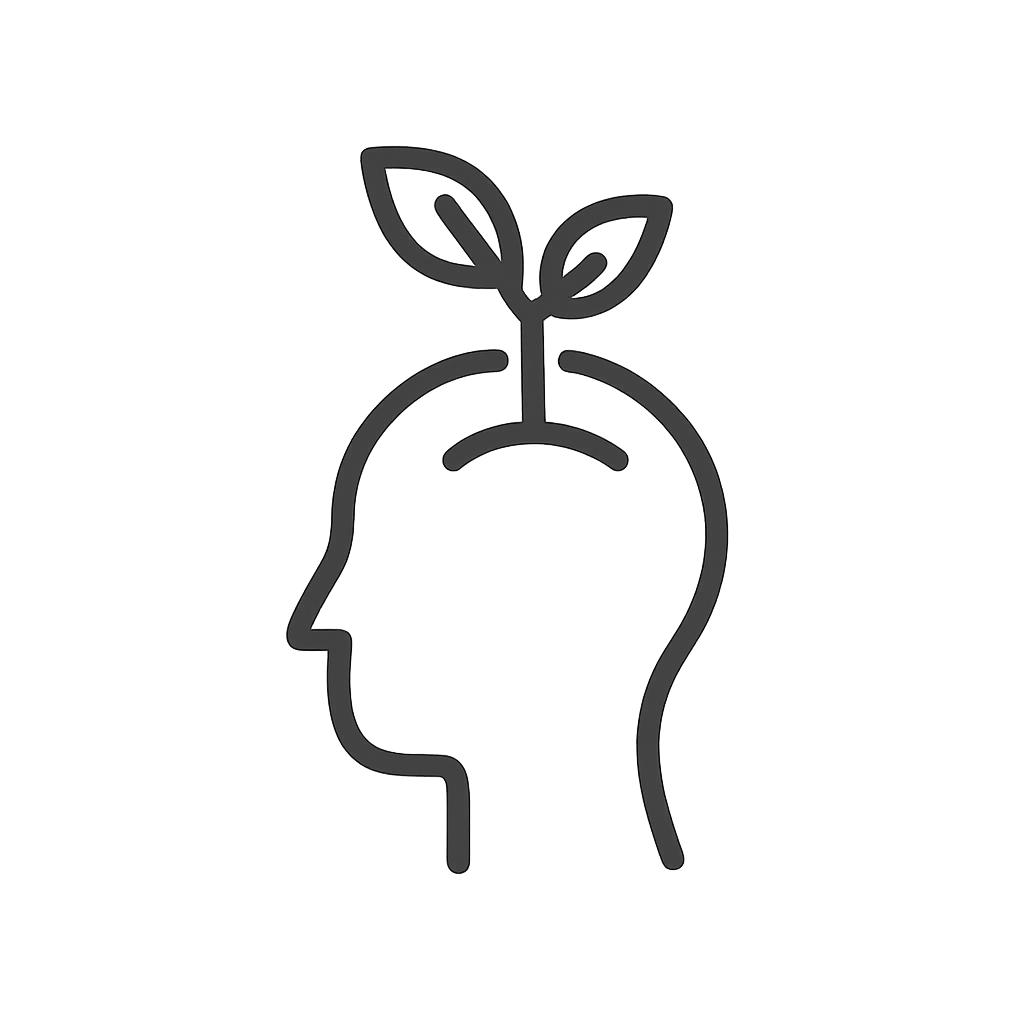 Black background with a line-art illustration of a person's head in profile featuring sprouting hair.
